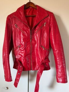 Genuine Red Leather Motorcycle Jacket with Belt